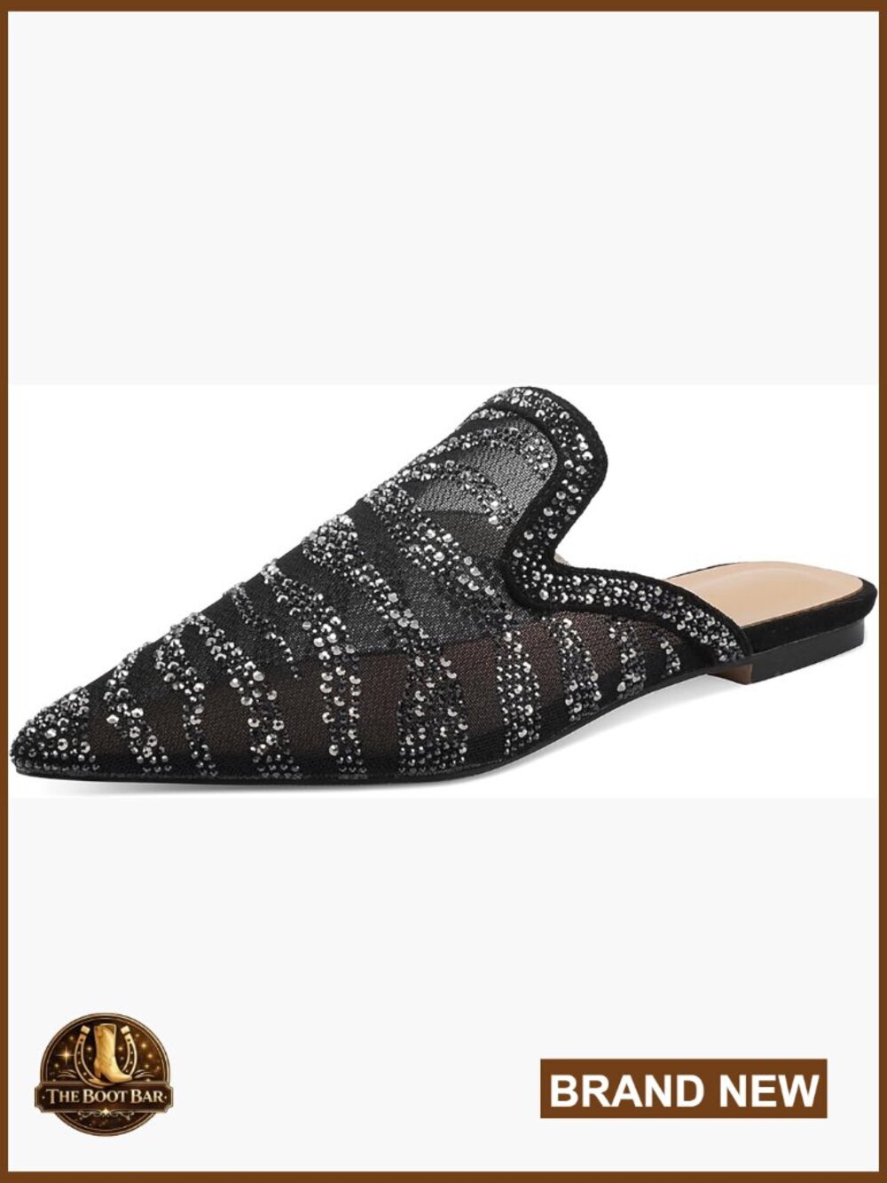 Pointed Toe Rhinestone Mesh Mules Backless Slip-On Flat Dress Shoes